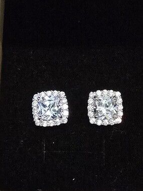 Classic Square Halo CZ Stud Earrings and Matching Necklace - Sterling Silver